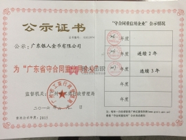 连续3年荣获“广东省守合同重信用企业”称号